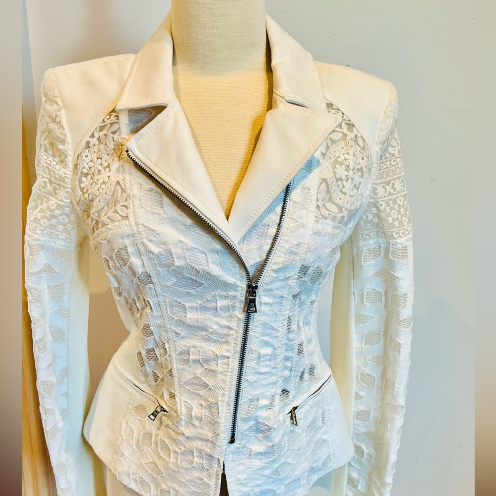 BCBGMaxAzria White Lace Women's motorcycle jacket.
